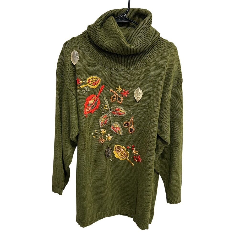 Vtg Olive Green Cowl Neck Sweater Embroidered Autumn Leaves PA International